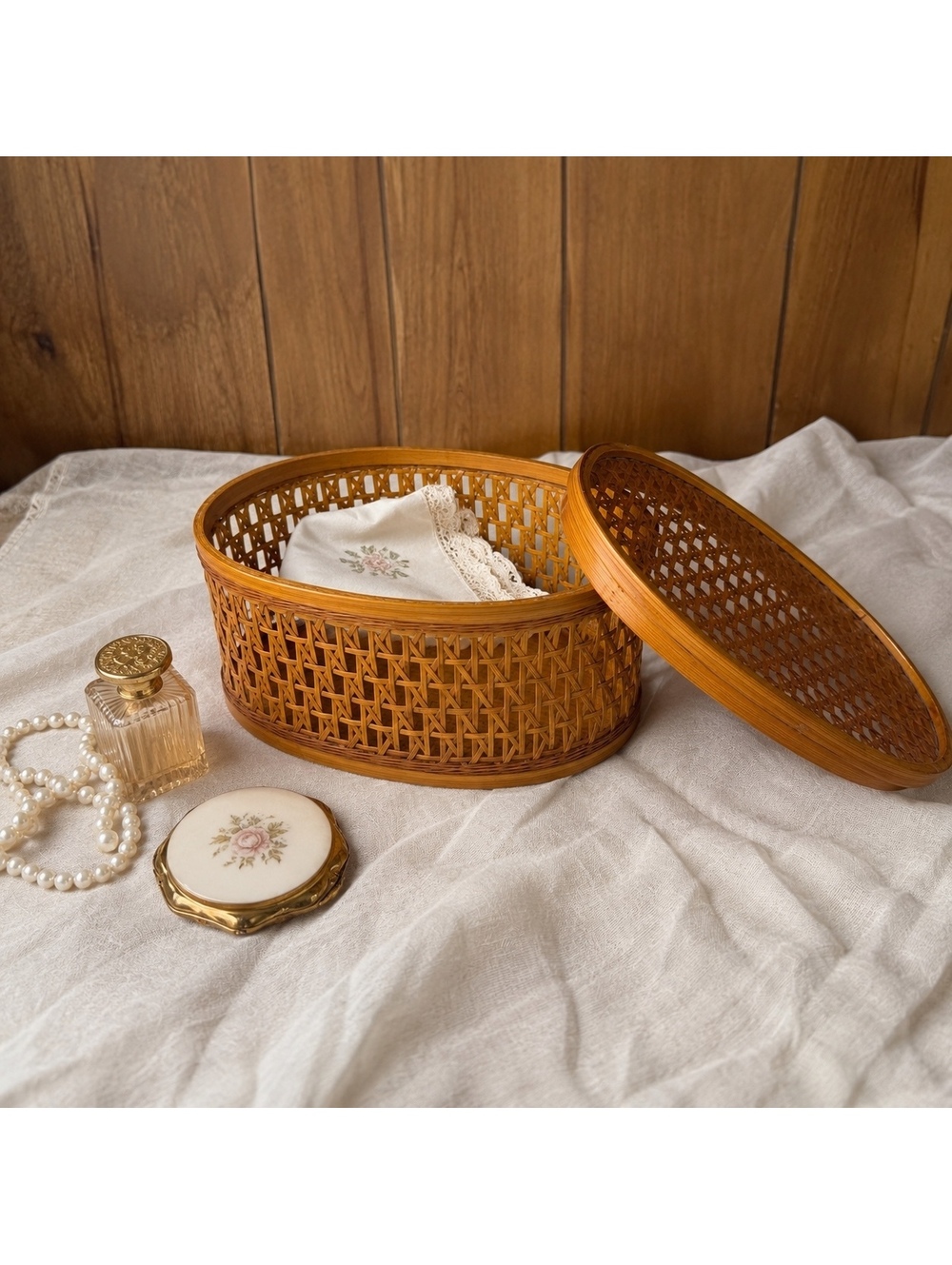 Vintage Shanghai Handicrafts Wicker Basket Lidded Oval Chinese Rattan Box